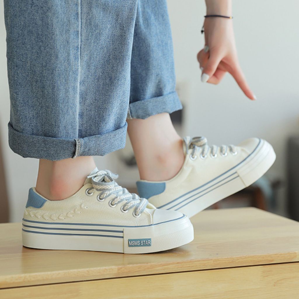 Giày bata nữ thể thao chất liệu vải basic mềm họa tiết viền lúa 2 màu đen be