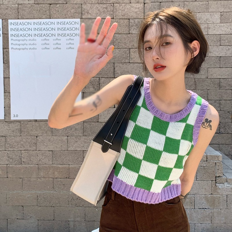 Áo Croptop Dệt Kim Không Tay Dáng Rộng Màu Sắc Thời Trang Cho Nữ