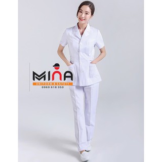 Bộ quần áo y tá, áo blouse trắng, cộc tay điều dưỡng vải non Nhật cao cấp