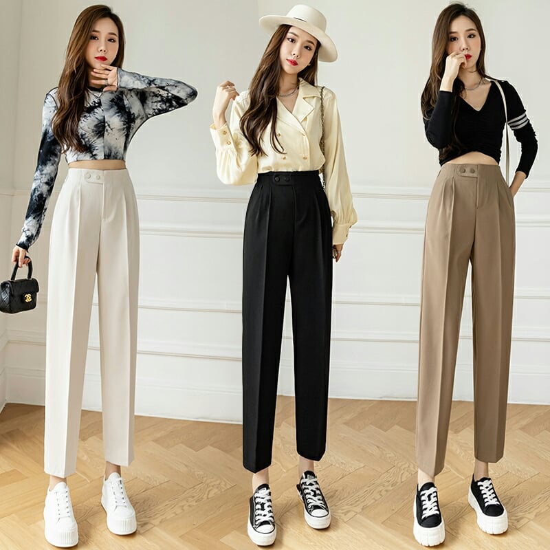 [FREESHIP]Quần vải nữ cạp cao ống đứng có đai 2 nút khuy bấm mềm mại dáng dài-Quần tây nữ lưng cao mặc công sở sinh viên