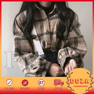 Áo Sơ Mi Nữ, áo sơ mi nữ cổ đứng tay bom form rộng kẻ caro, chất vải thô mềm mát, thời trang trẻ, phong cách Hàn