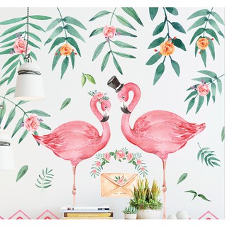 Decal dán tường hồng hạc cùng hoa cỏ