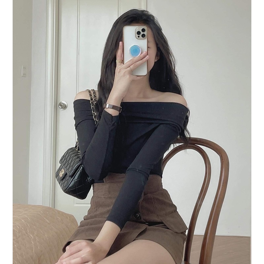 ÁO LEN TĂM DÀI TAY TRỄ VAI NGANG BẢN TO - Áo Trễ Vai Gấp Nữ Trơn Ôm Body 3 Màu Basic ĐEN | BE | NÂU Bệt Vai Hàn Ulzzang