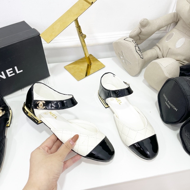 Sandal cn mũi tròn trần chỉ quai ngang đế bệt fullbox