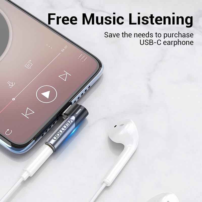 Đầu Kết Nối Âm Thanh VENTION Chuyển Đổi Chui Type C Sang Cổng 3.5mm Cong Góc Phải 90 Độ