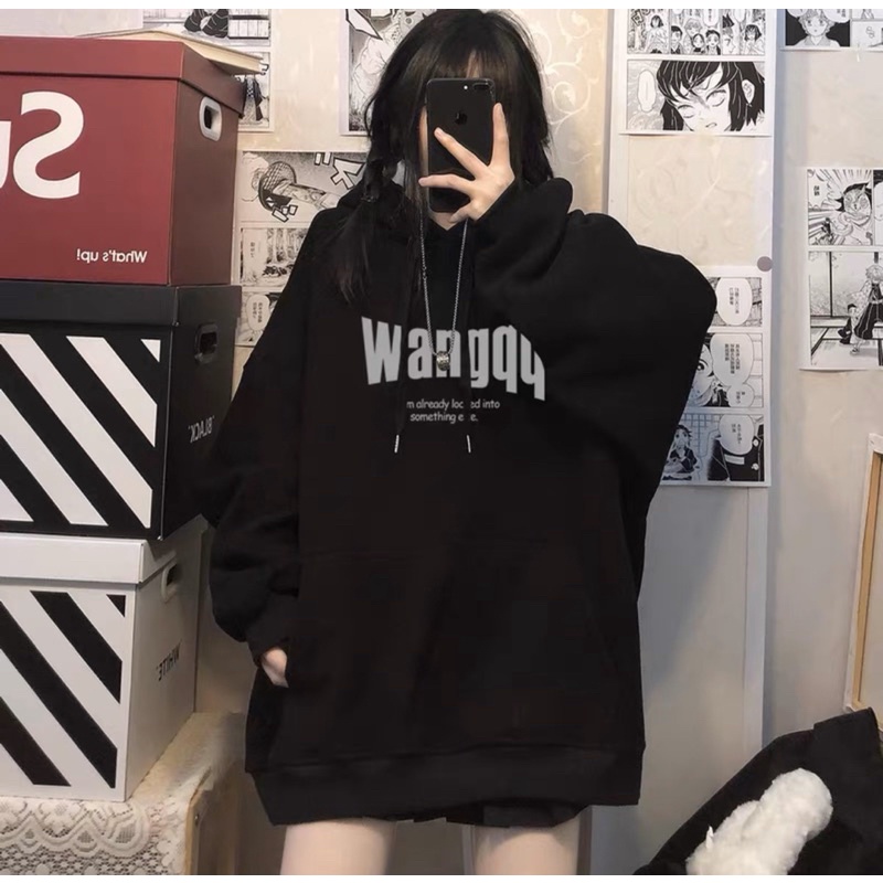 Áo Hoodie Nỉ Bông Tay Dài Chữ Wangqq Kèm Clip Thật