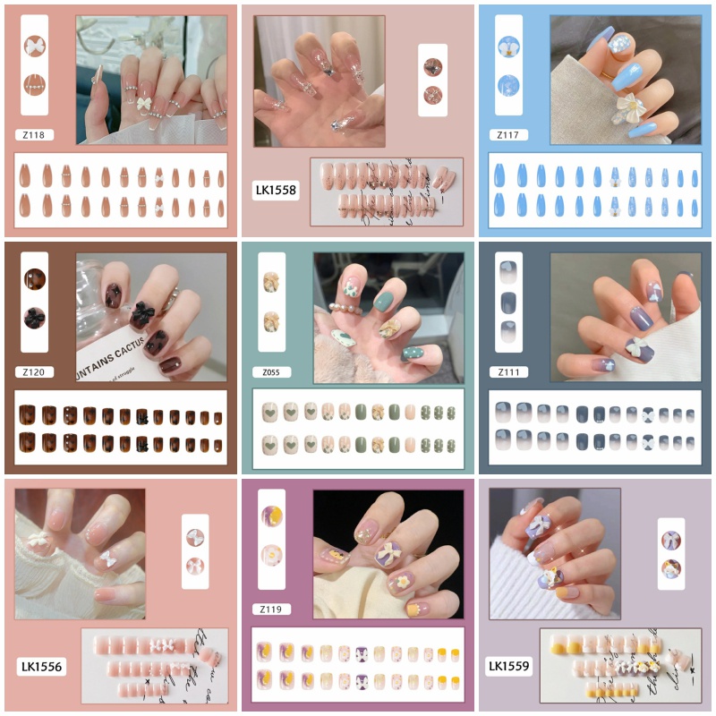 Bộ 24 Móng Tay Giả Trái Tim Đính Nơ Thời Trang Kèm Keo Dán