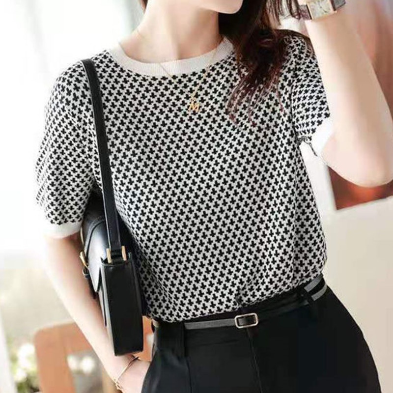 Áo Thun Dệt Kim Lụa Lạnh Họa Tiết Houndstooth Cá Tính 152301 Áo Thun Tay Ngắn Cổ Tròn Thời Trang Mùa Hè