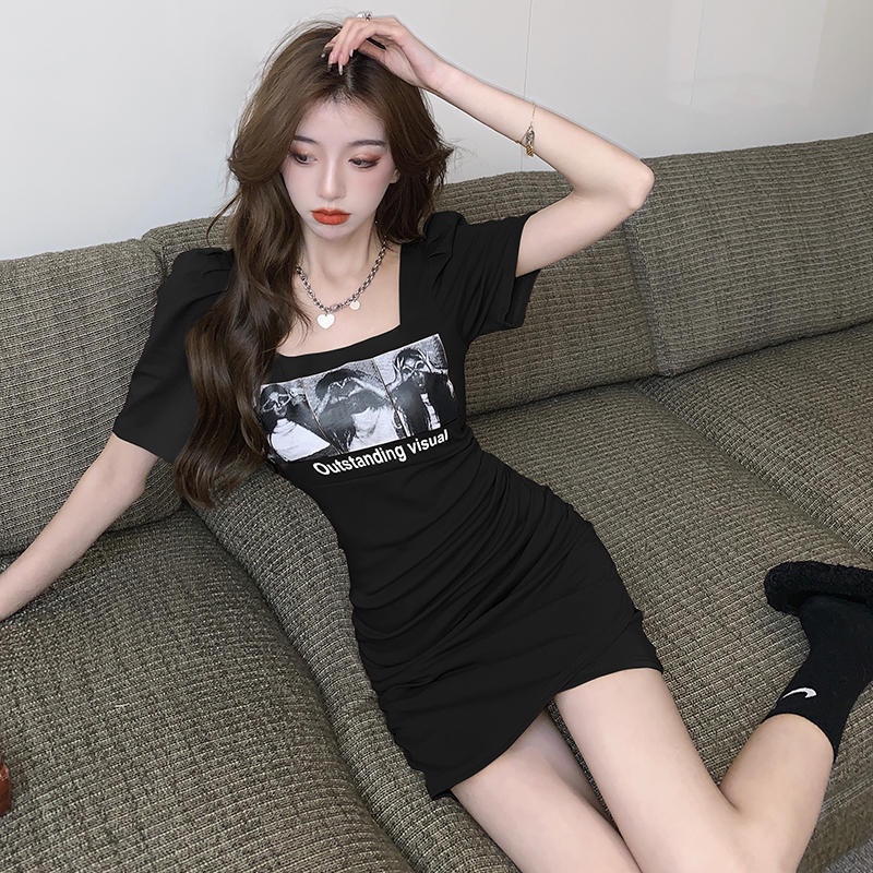 Đầm Tay Phồng Ngắn Cổ Vuông Ôm Eo In Họa Tiết Dễ Thương Thời Trang Cho Nữ