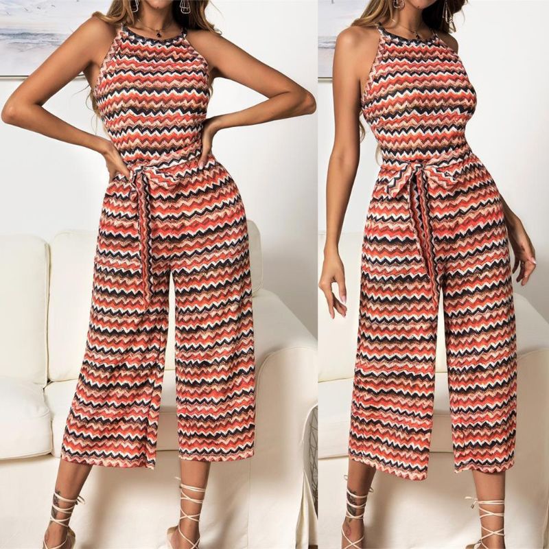 Bộ Áo Liền Quần Không Tay Ống Rộng Họa Tiết Kẻ Sọc Thời Trang Đi Biển Cho Nữ