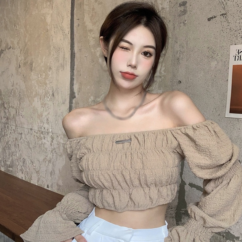 Áo croptop trễ vai tay dài phong cách Hàn Quốc dành cho bạn nữ