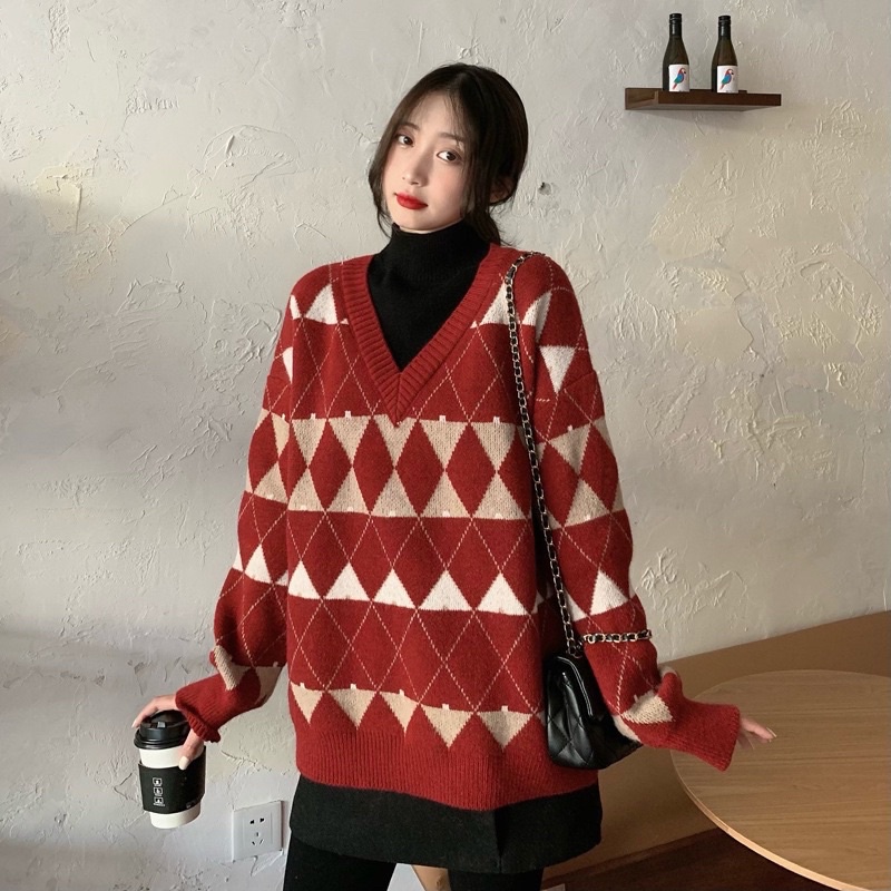 Áo len nữ form rộng phong cách Hàn Quốc, áo len màu đỏ trắng thích hợp vs các dịp giáng sinh, Noel ( Hàng có sẵn)