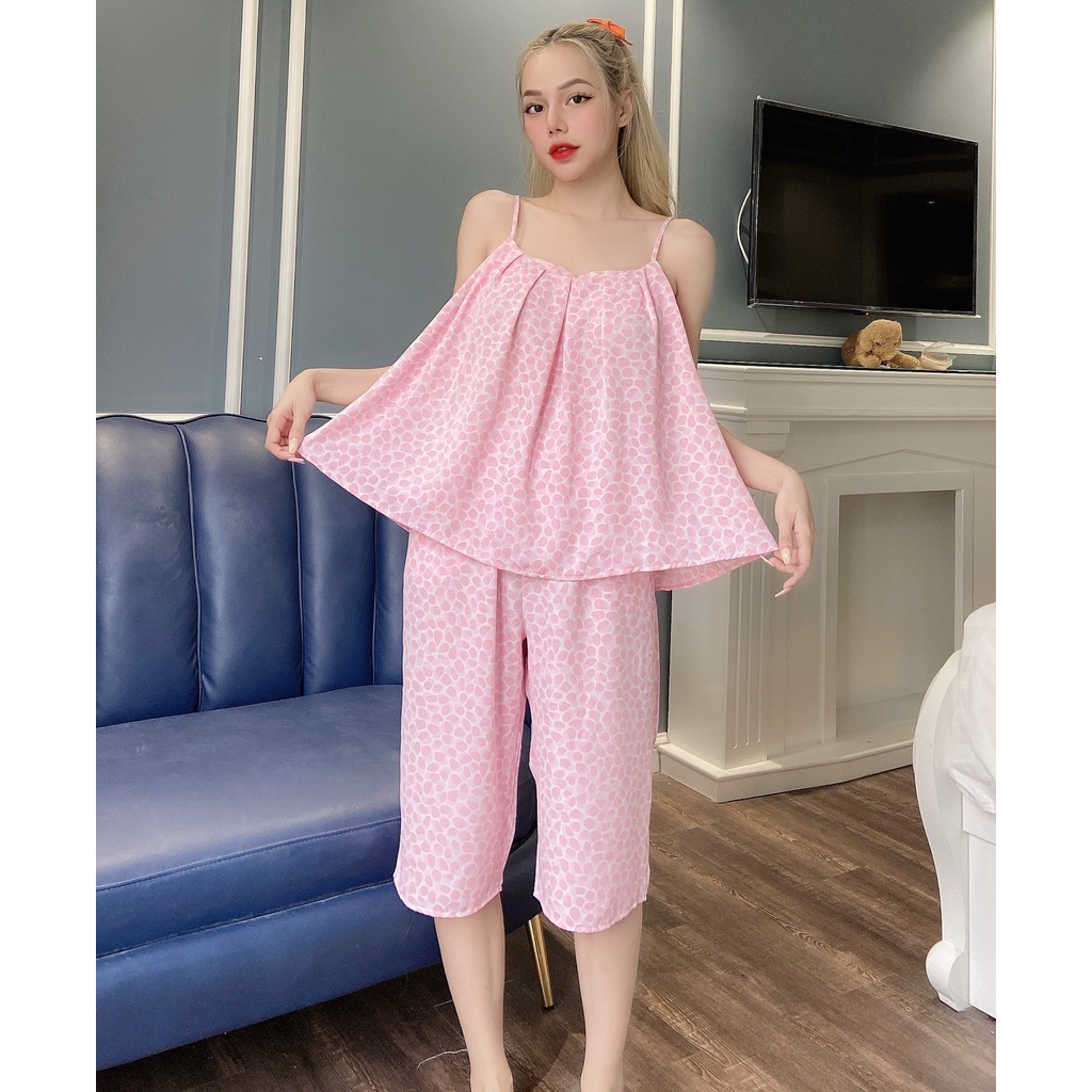Đồ Bộ Mặc Nhà VAYO, Bộ Lửng Đồ Mặc Nhà Áo Hai Dây Xếp Ly Ngực Đẹp Vải Lụa Mát Thời Trang Nữ Có Túi Dưới 65kg | BigBuy360 - bigbuy360.vn