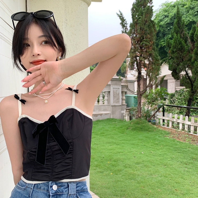 Áo Croptop Hai Dây Cổ Chữ V Thắt Nơ Màu Sắc Tương Phản Chất Liệu Nhung Thời Trang Mùa Hè Cho Nữ