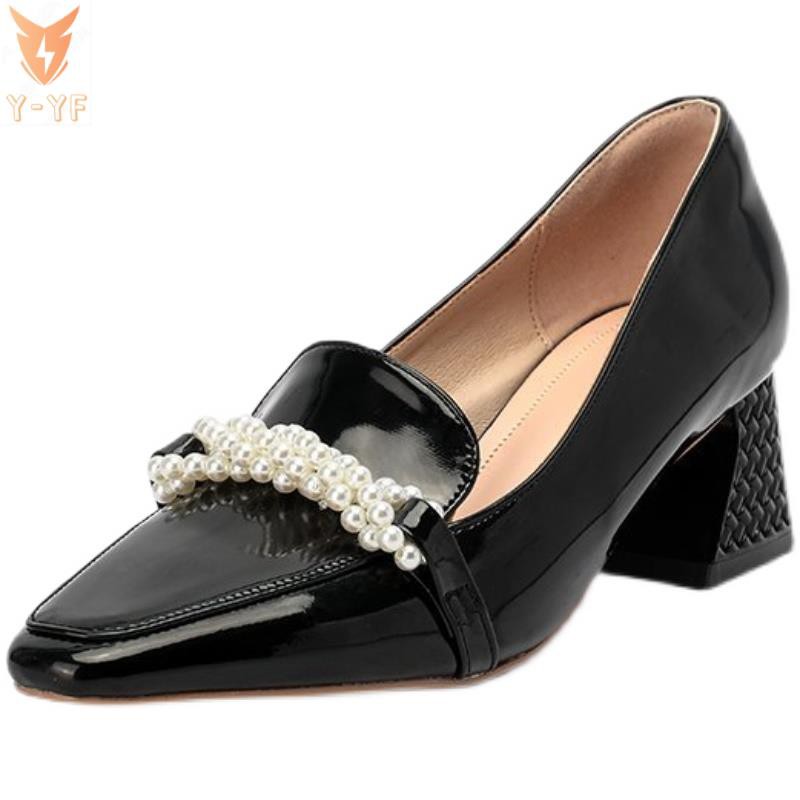 [High quality]French high heels women's thick heel spring 2021 new pearl shallow mouth Mary Jane wild temperament square toe shoes