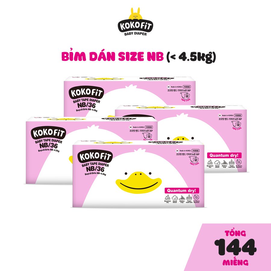 Nguyên Thùng Bỉm Dán KOKOFiT Hàn Quốc Cho Bé Dưới 4.5kg Size NB - 144 Miếng