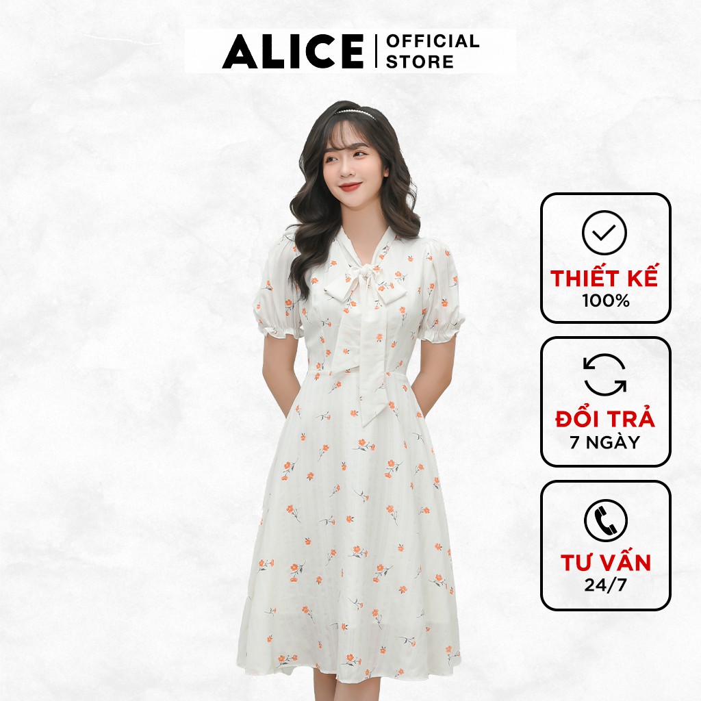 Đầm Trắng Thiết Kế Đẹp ALICE Dáng Xòe Cổ Chữ V Thắt Nơ Tay Bồng Chun Gấu Tay Họa Tiết Hoa Nhí V684