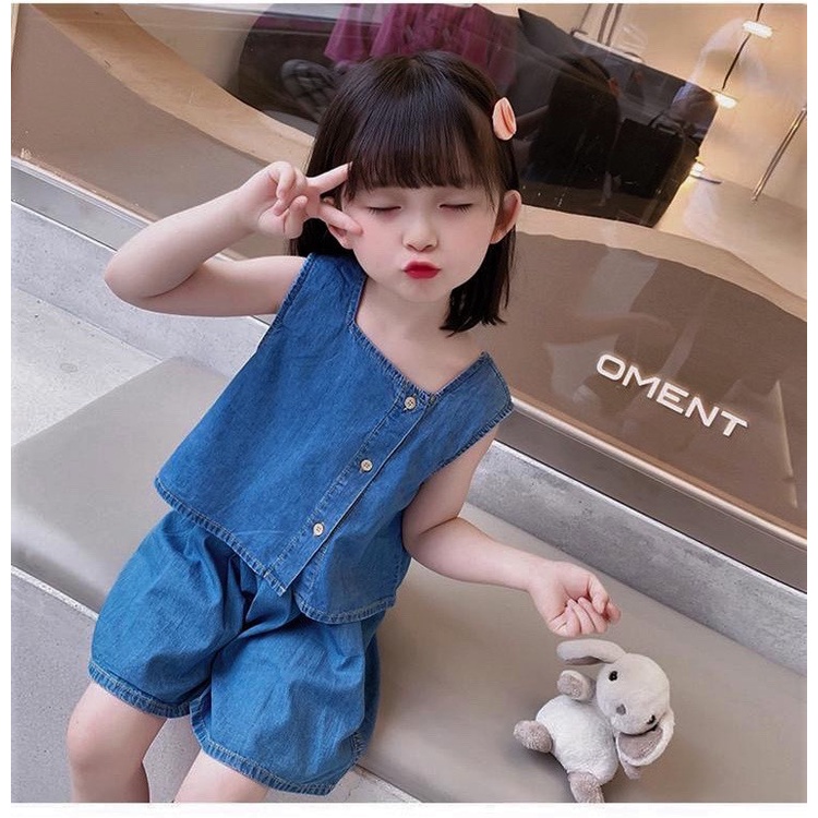 Đồ bộ jean cho bé gái sát nách màu xanh, set bộ quần áo trẻ em nữ cho bé 1 2 3 4 5 tuổi Đ049