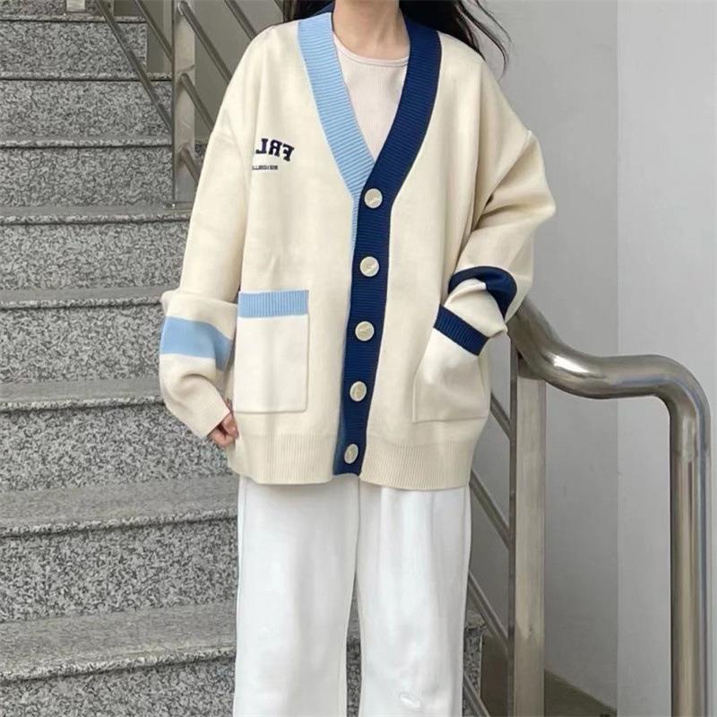 Áo Khoác Cardigan Dệt Kim Tay Dài Cổ Chữ V Dáng Rộng Thêu Chữ Phối Màu Thời Trang Vintage Dành Cho Nữ
