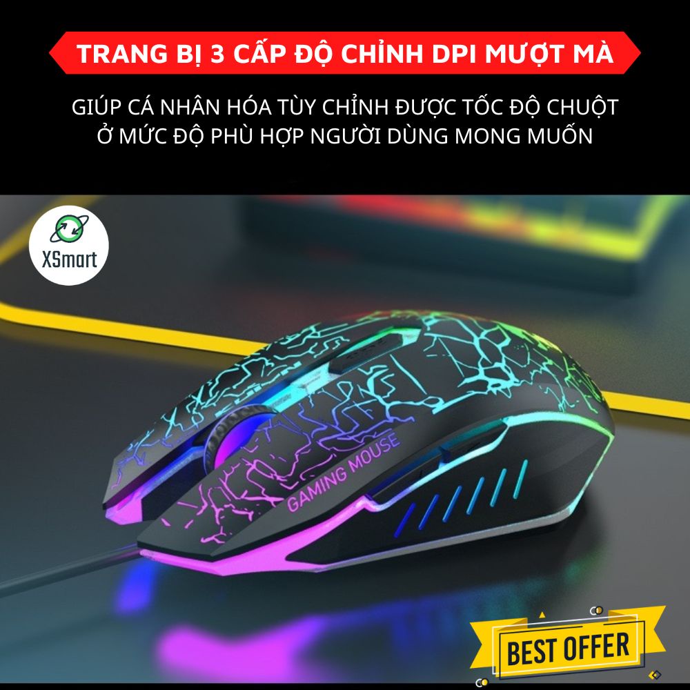 Chuột Máy Tính Gaming Led T66 RGB, 3 Mức Chỉnh DPI Siêu Nhạy Chơi Game, Dùng Văn Phòng Cho Máy Tính, Laptop, PC