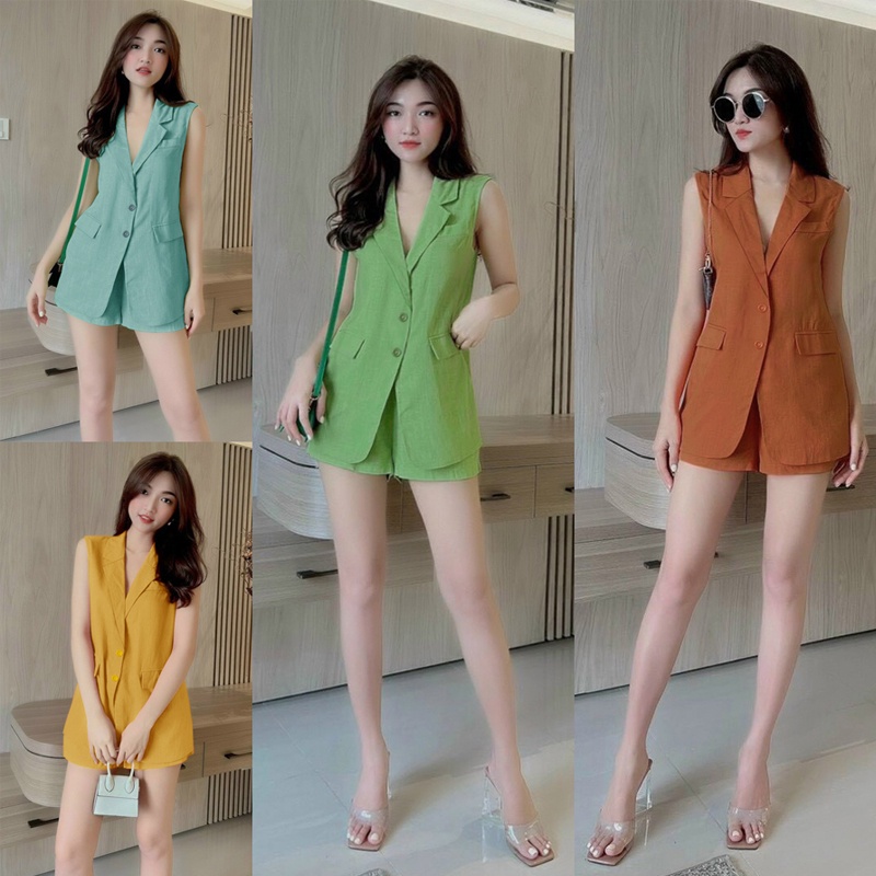 Set bộ 💕FREESHIP💕 áo cổ vest form dài 2 nắp túi quần short xinh xắn NangDong TJ1186