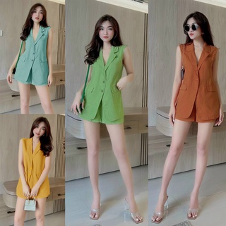 Set bộ 💕freeship💕 áo cổ vest form dài 2 nắp túi quần short xinh xắn nangdong tj1186
