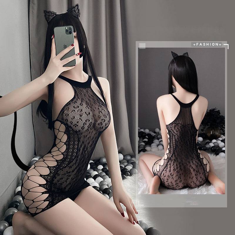Bộ Nội Y Dạng Lưới Cổ Yếm In Họa Tiết Da Báo Quyến Rũ Cho Nữ