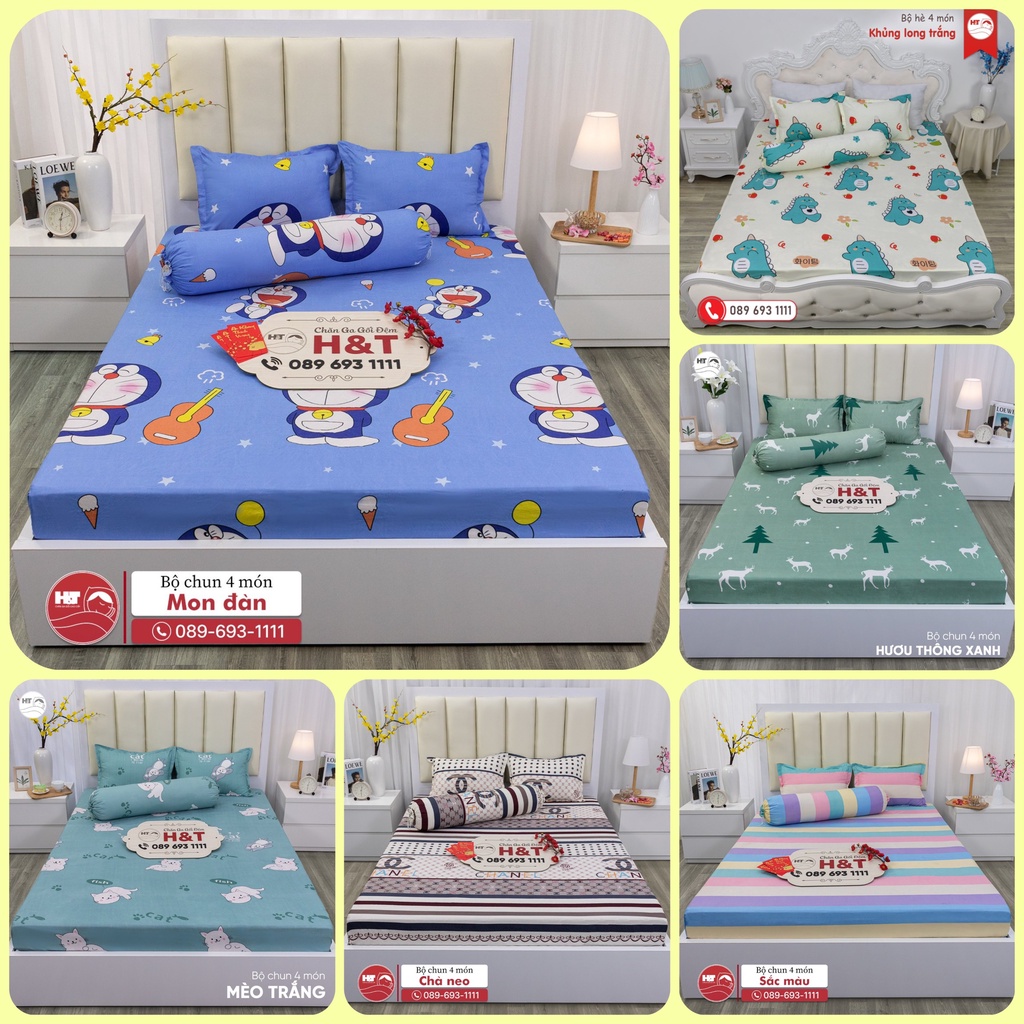 Bộ Ga Gối 4 Món Cotton Polly In Hình 3D, bộ chăn ga 4 món ,chăn ga giá rẻ drap bo chun in họa tiết H&T Chăn Ga Gối