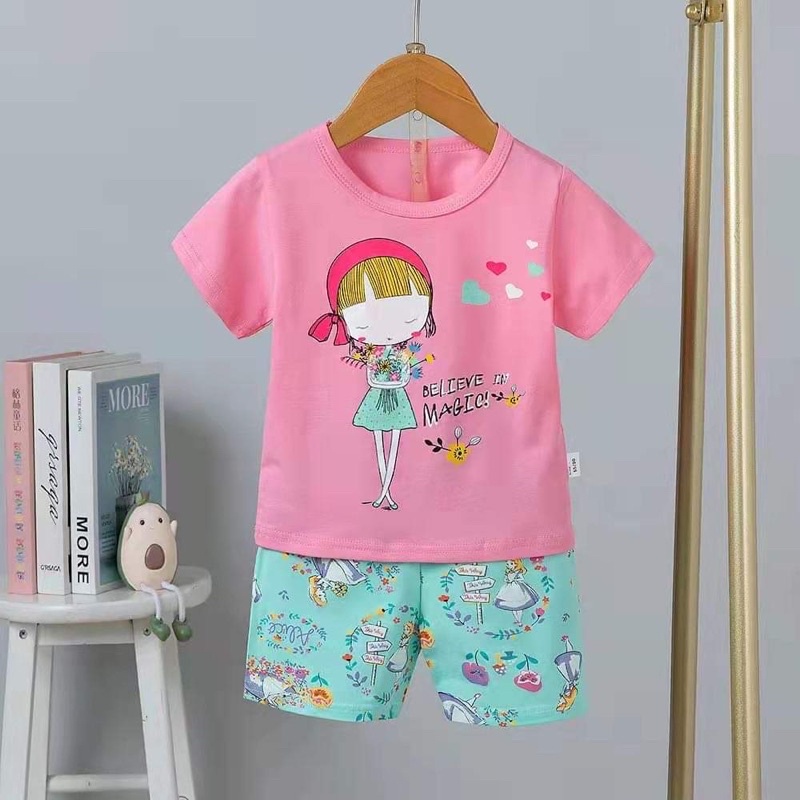 (15-25kg) Đồ bộ bé gái- Bộ thun cotton quảng châu xuất hàn cho bé gái từ 15-25kg (3-5 tuổi)
