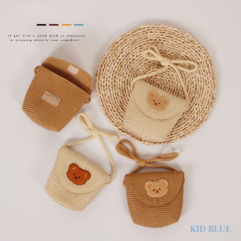 Túi Đeo Chéo Đan Cói Nắp Lật Hình Gấu Hoạt Hình Phong Cách Hàn Quốc Thời Trang Mùa Hè Dành Cho Bé Trai Bé Gái