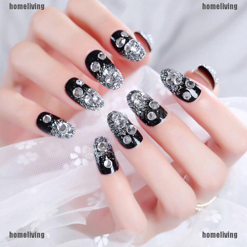 Set 24 Móng Tay Giả Đính Đá Đen 3D