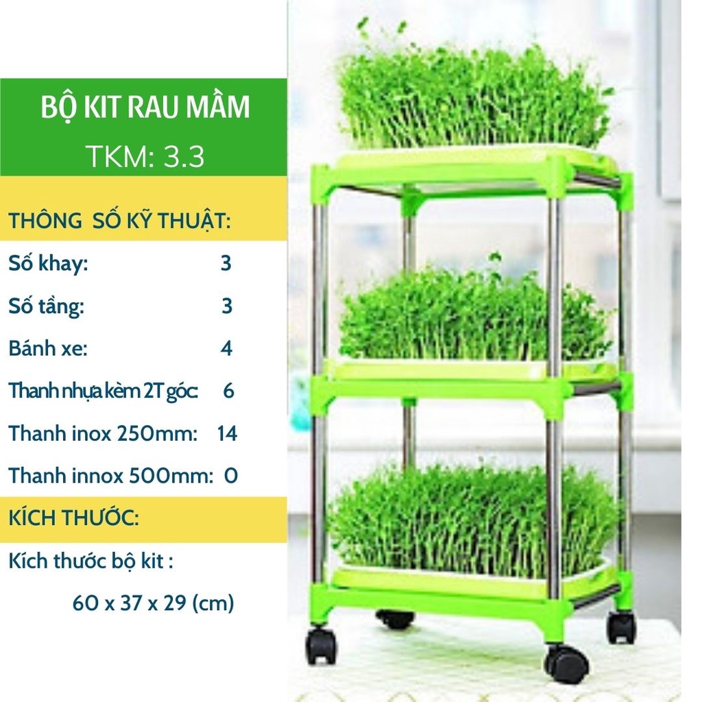 Bộ kit trồng rau mầm thủy canh chuyên dụng 3 khay 3 tầng