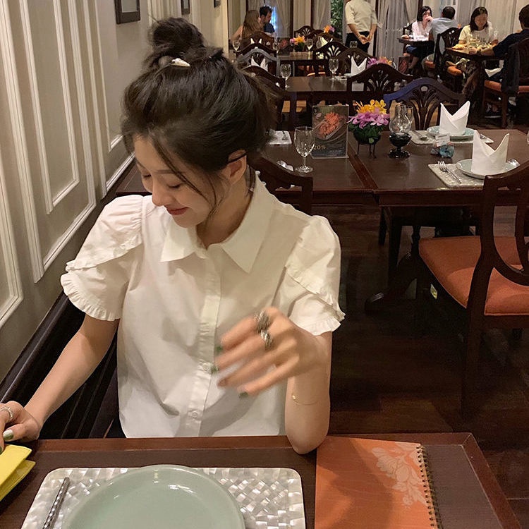 Áo Sơ Mi Tay Ngắn Phồng Màu Trắng Dễ Thương Thời Trang Mùa Hè Cho Nữ