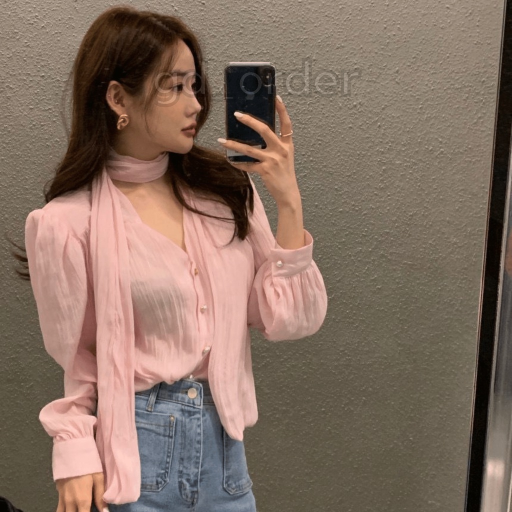 A18|Áo sơ mi nữ công sở đẹp kiểu hàn quốc dây đai cổ tay phồng gd_order