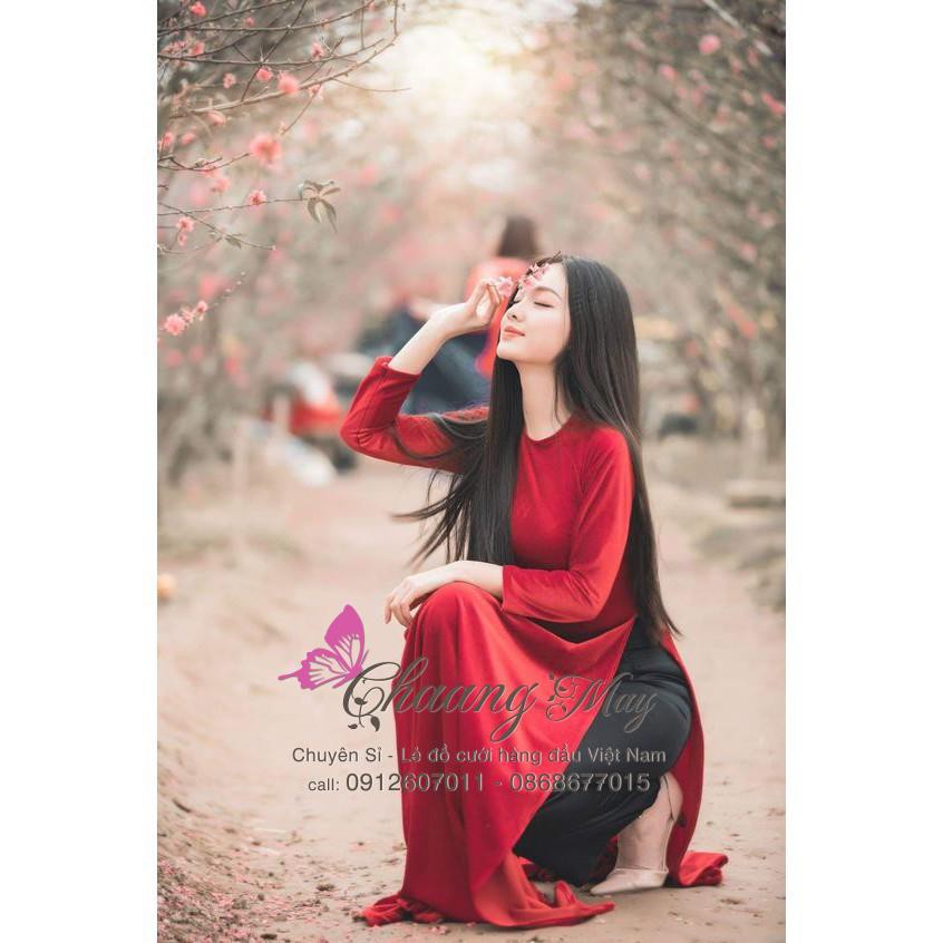 Áo dài nhung cổ tròn_Chaang_May sẵn áo dài đẹp truyền thống, vải đỏ đô tươi cao cấp