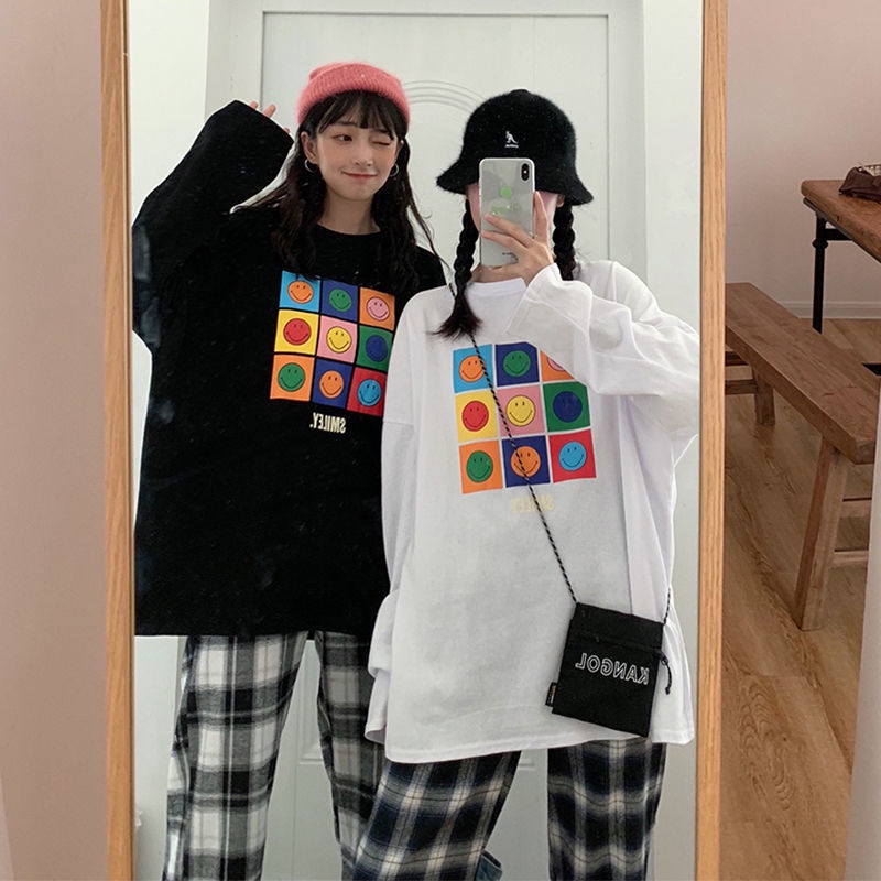 Set Áo Thun Tay Dài Dáng Rộng + Quần ống rộng Họa Tiết Sọc Caro Thời Trang Cho Nữ