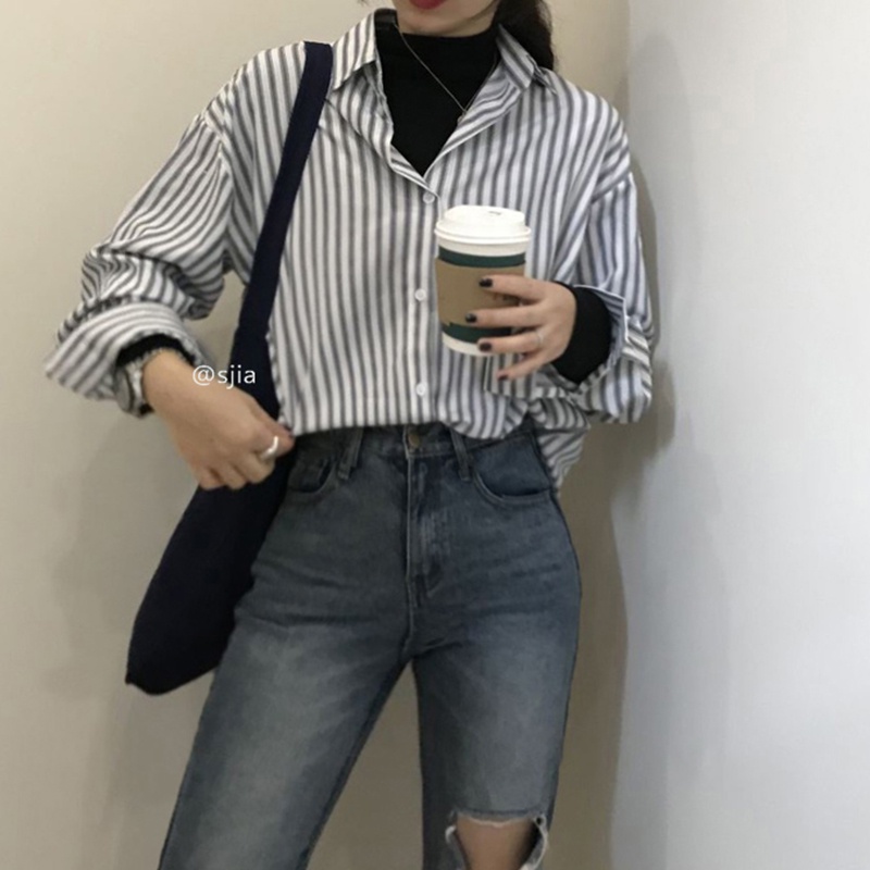 SUXI Áo Kiểu Tay Dài Dáng Rộng Hoạ Tiết Kẻ Sọc Phong Cách Retro