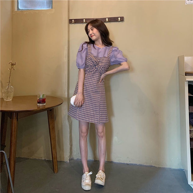Đầm Giả Hai Mảnh Tay Phồng Cổ Tròn Màu Tím Phong Cách Pháp Mới