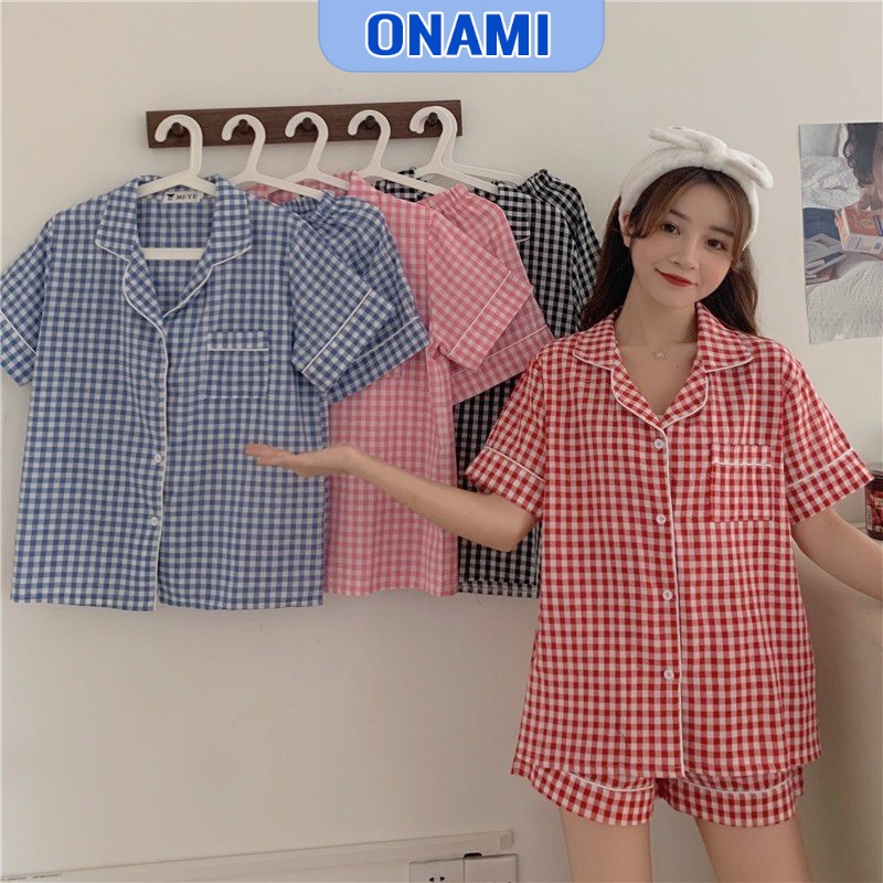 Bộ Ngủ Pijama Cộc Đùi Kẻ Caro Chất Cotton Dệt Loại 1 Nữ PJM006