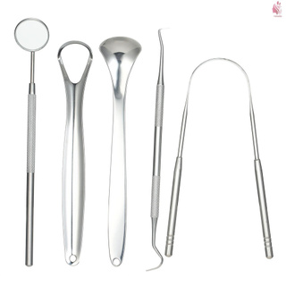[Hàng mới về] Bộ 5 dụng cụ vệ sinh lưỡi và răng bằng thép không gỉ có gương  chuyên dụng an toàn cho người trưởng thành