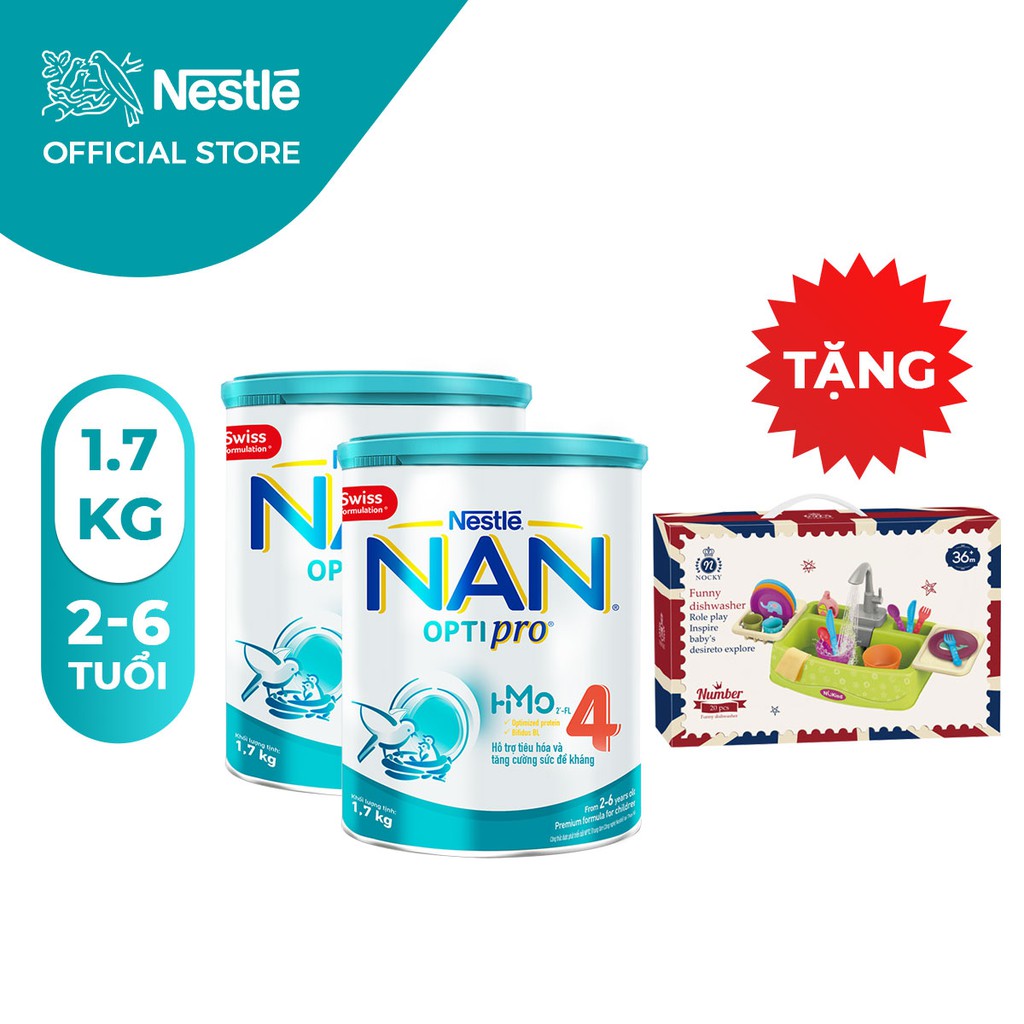 [FMCGMALL -8% đơn từ 250K] [Tặng 1 Bộ Đồ Chơi Rửa Chén] Combo 2 Sữa Bột Nestle NAN Optipro 4 (1.7kg)