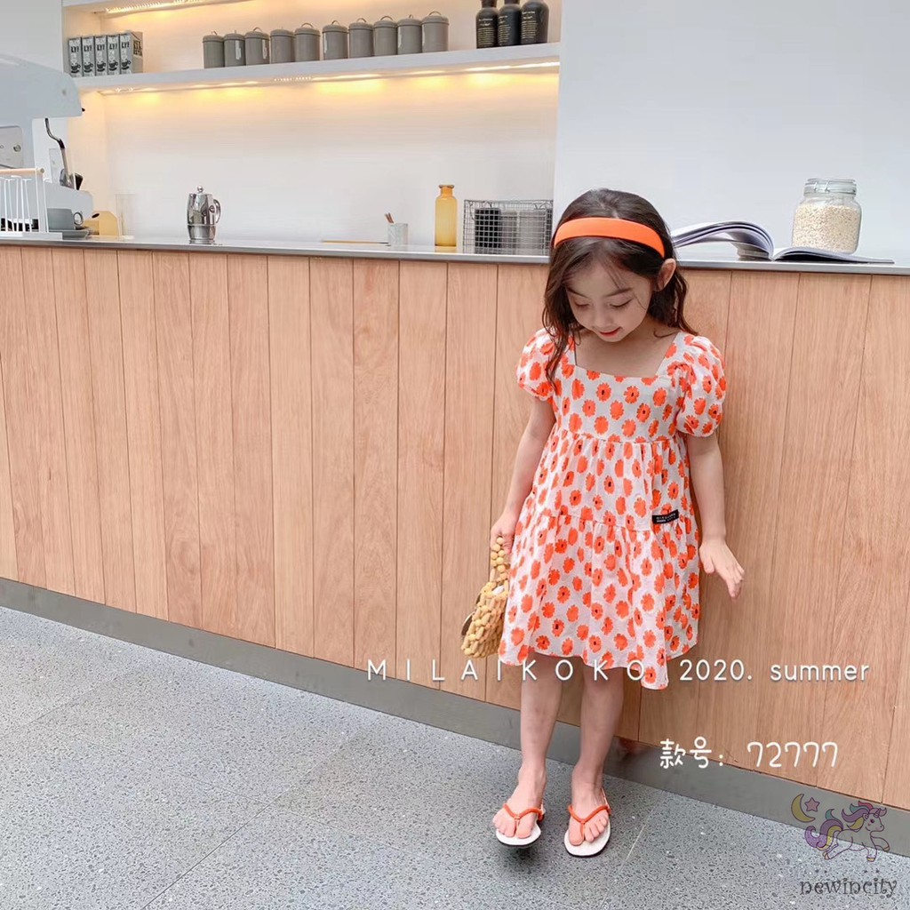 Đầm Tay Phồng Họa Tiết Hoa Cúc Xinh Xắn Cho Bé Gái