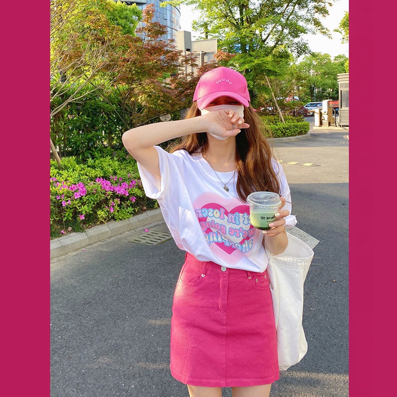 Set Áo Thun Tay Ngắn In Hình Gia Vị Dễ Thương + Chân váy jean Cho Nữ