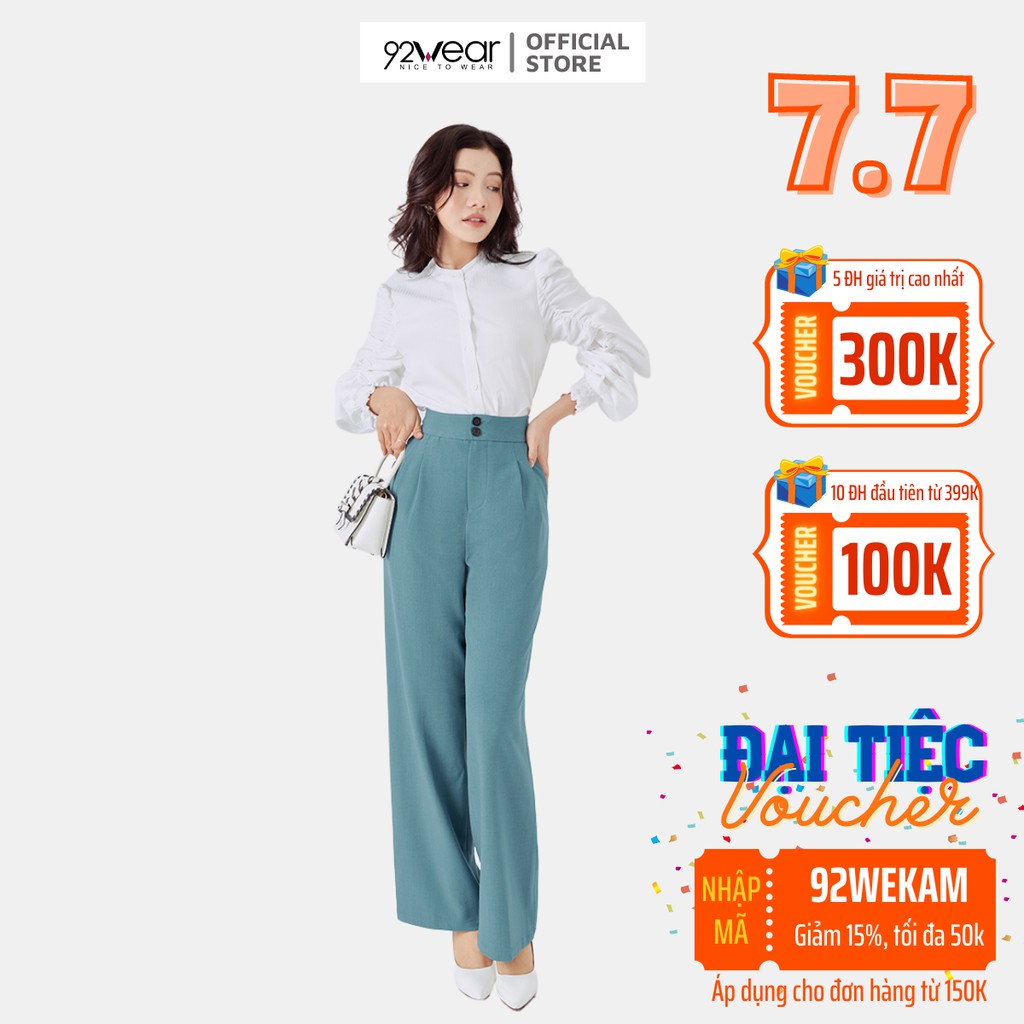 Quần tây nữ ống rộng 92WEAR baggy công sở cạp rời 2 cúc QAA1248