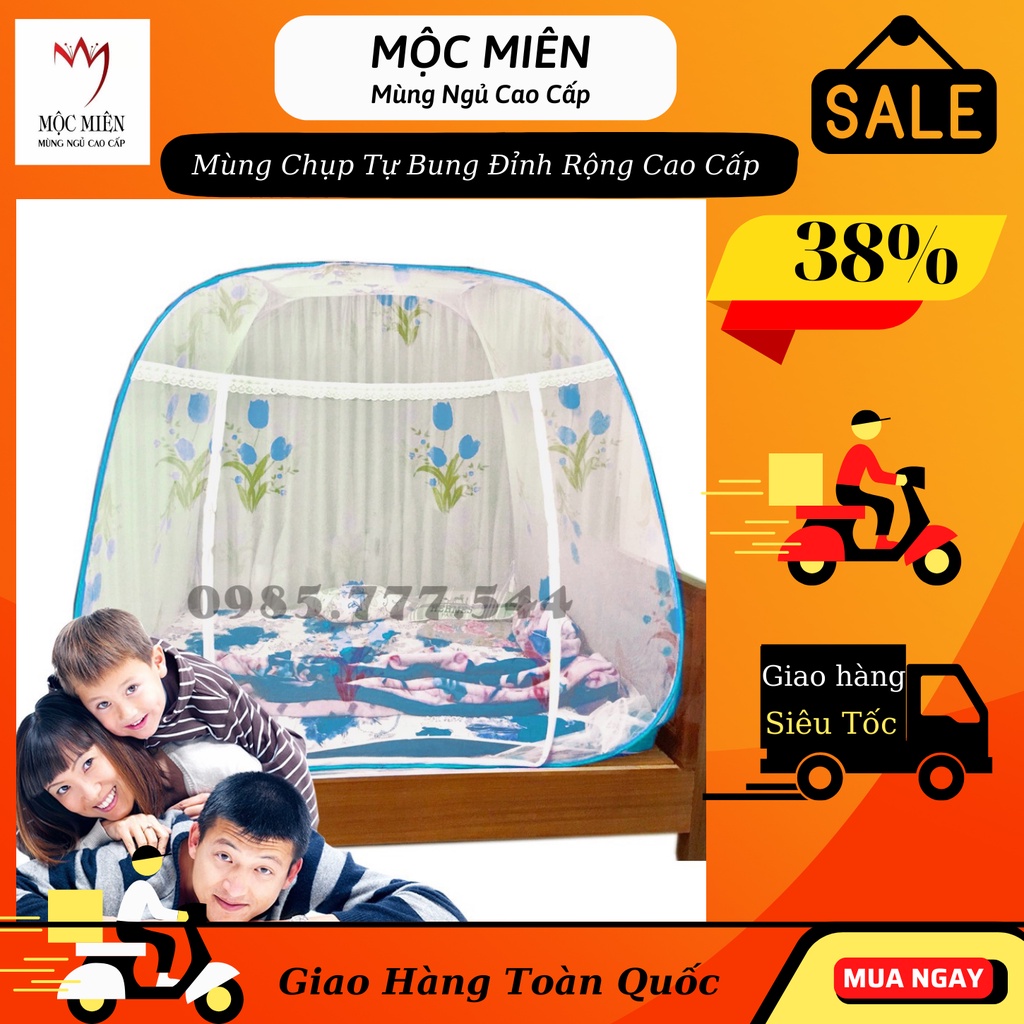 Màn Chụp Tự Bung Đỉnh Rộng 1 Cửa Mộc Miên Họa Tiết Hoa Tuy Luýp 1m6 1m8