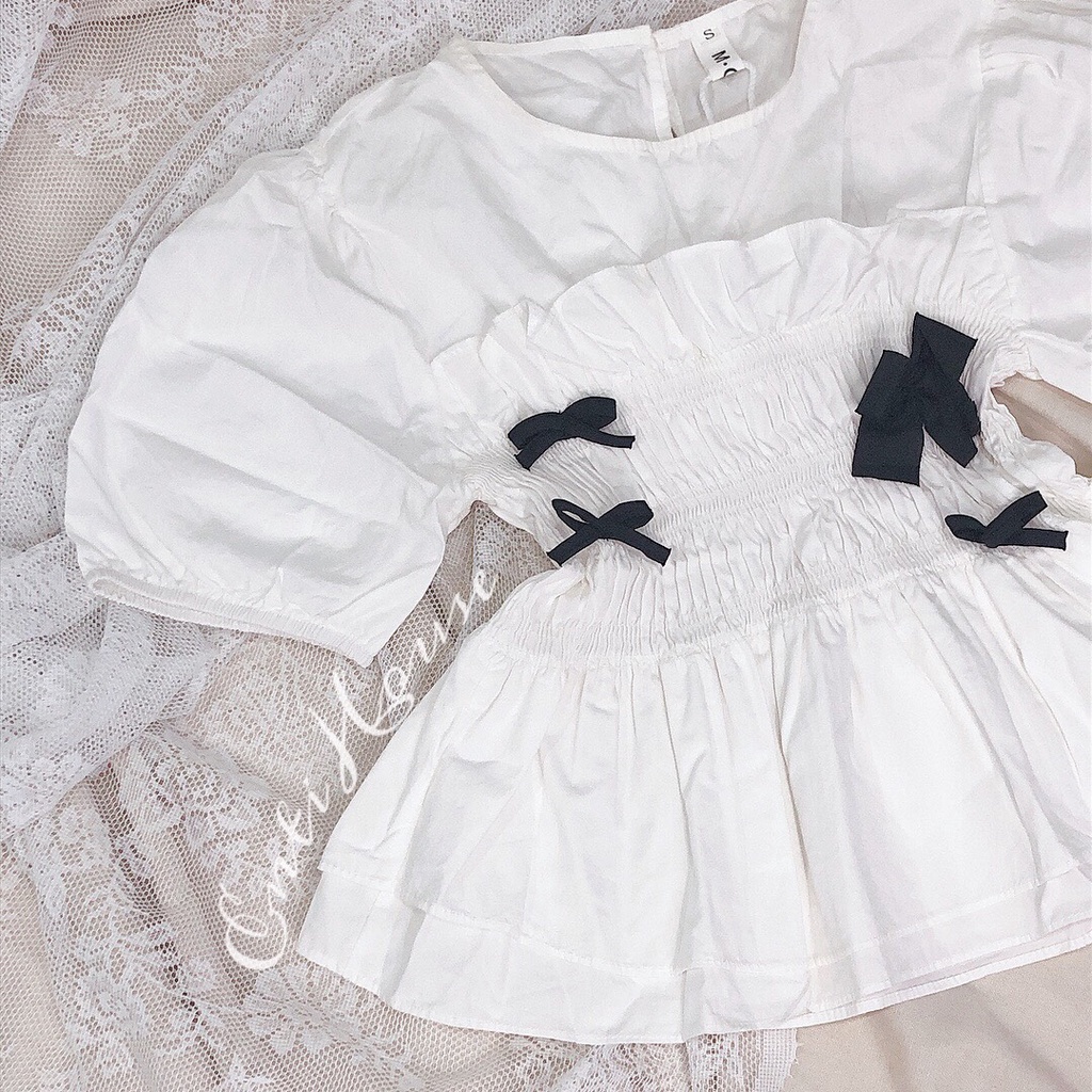 {HÀNG CÓ SẴN + ẢNH THẬT} ÁO KIỂU NỮ PEPLUM TRẮNG PHỐI NƠ ĐEN DỄ THƯƠNG HÀNG QUẢNG CHÂU CAO CẤP