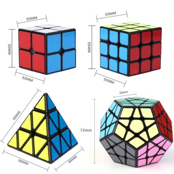 Set 4 Khối Rubik Sticker Viền Đen QiYi 2x2 3x3 Pyraminx Tam Giác, Megaminx 12 Mặt.  Hàng Đẹp, Giá Rẻ