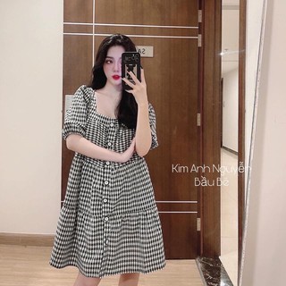 Váy caro suông cổ vuông bầu bí bon chen