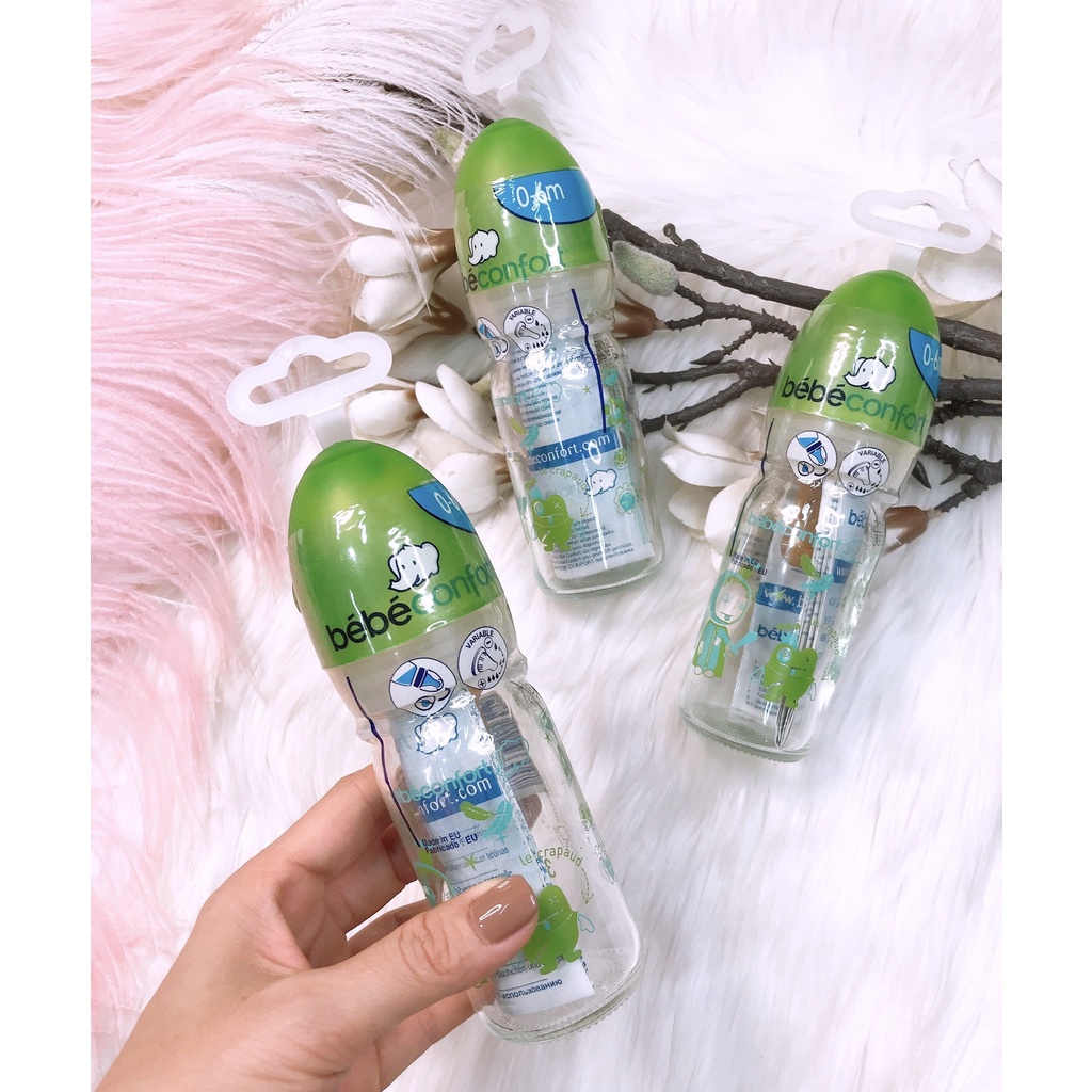 Bình sữa cho bé sơ sinh chống sặc Bebeconfort thủy tinh nhập khẩu Pháp chịu nhiệt tốt chống trầy xước khó bám bẩn