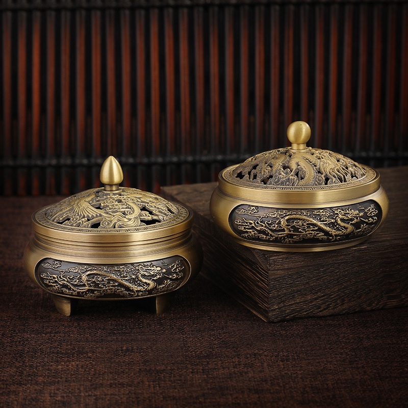 LƯ HƯƠNG XÔNG TRẦM, ĐỐT TRẦM BẰNG ĐỒNG NGUYÊN CHẤT ĐIÊU KHẮC HỌA TIẾT LONG PHỤNG